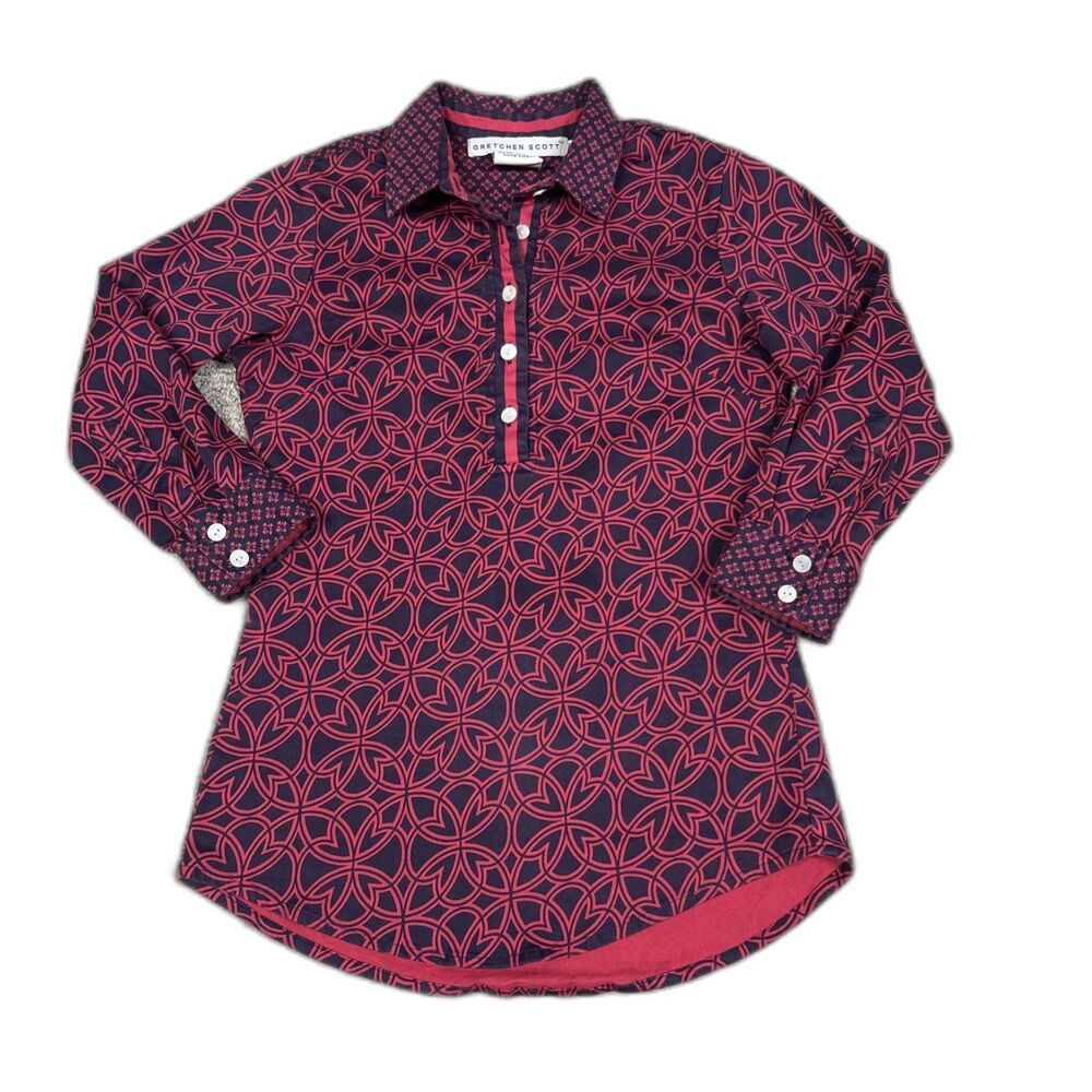Gretchen Scott Shirt Womens XS Pink Navy Blouse Preppy Cotton Popover Top